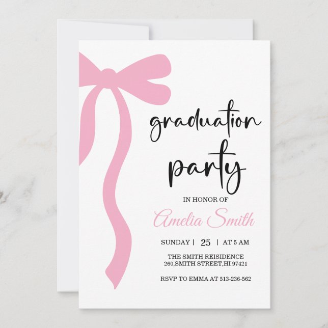 Simple  Pink  Bow graduation party invitation (Devant)