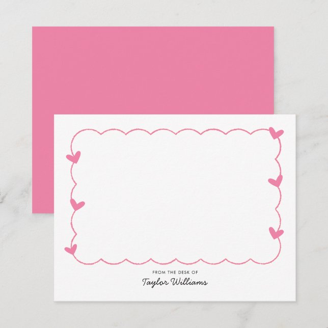 Simple Pink Wavy Border Heart Stationery Mitteilungskarte (Vorne/Hinten)