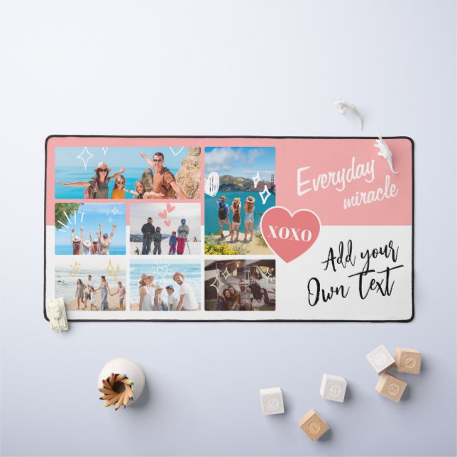 Simple pink white personalized text photo collage schreibtischunterlage (Kindertisch)