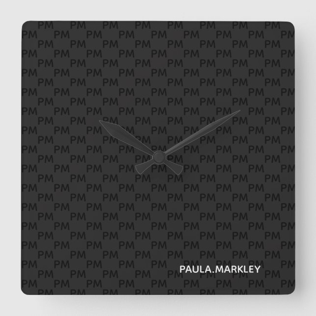 Simple Plain Black Gray Modern Monogram Pattern Quadratische Wanduhr (Vorderseite)