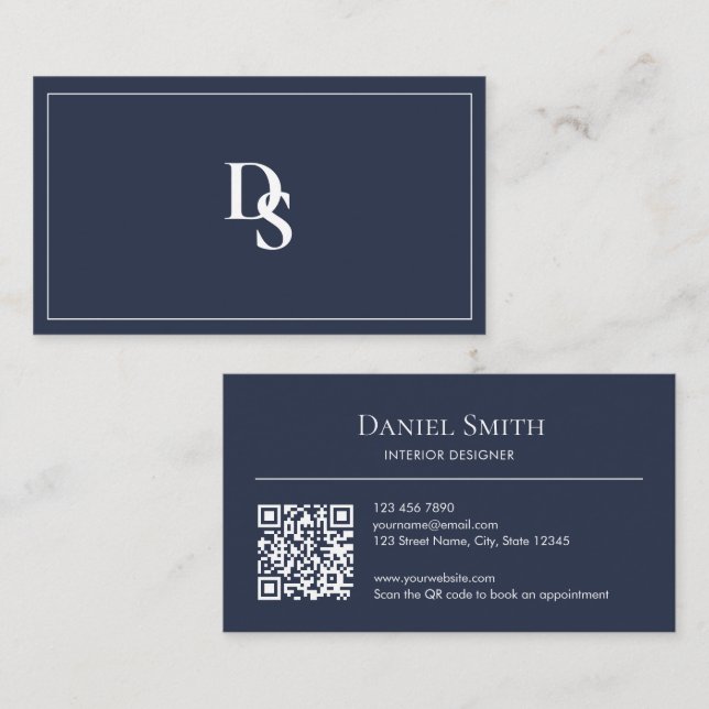 Simple Professional Dusty Blue Initials QR Code Visitenkarte (Vorne/Hinten)