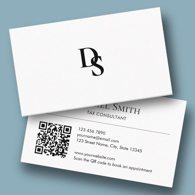 Simple Professional White with Initials QR Code Visitenkarte (Simple Professional White with Initials QR Code Business Card)