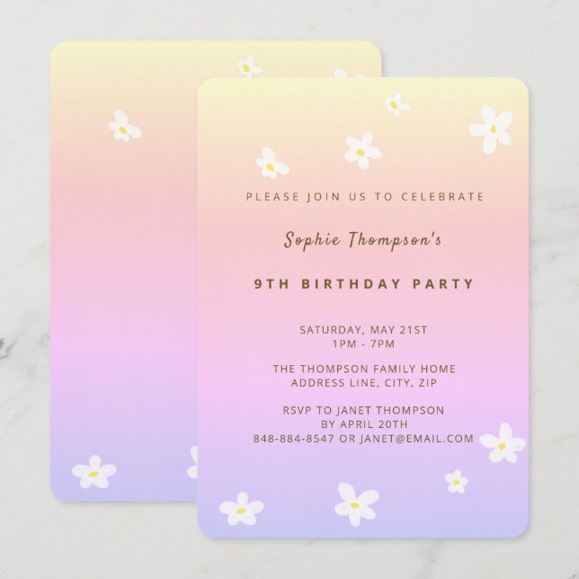 Simple Rainbow Trendy Daisies Girl Birthday Party Einladung (Vorne/Hinten)