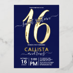 Simple Real Gold Navy Blue Sweet 16 Geburtstag Folieneinladung<br><div class="desc">Diese einfache, mädchenhafte und elegante 16 . Geburtstag Geburtstagsfeier ist perfekt für den besonderen Tag Ihrer Tochter. Es enthält eine echte Goldfolie, "16", und der Name Ihrer Tochter, neben der Schriftzeichen-Typografie auf einem marineblauen Hintergrund. Es ist schick, minimal, hübsch, einzigartig und cool. ***WICHTIGE HINWEIS FÜR DESIGN: Bei jeder individuellen Designanforderung,...</div>