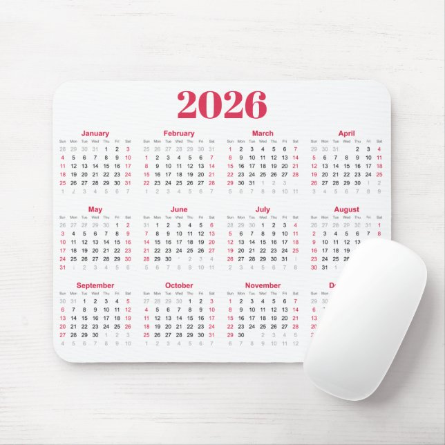 Simple red and White 2026 Calendar  Mousepad (Mit Mouse)