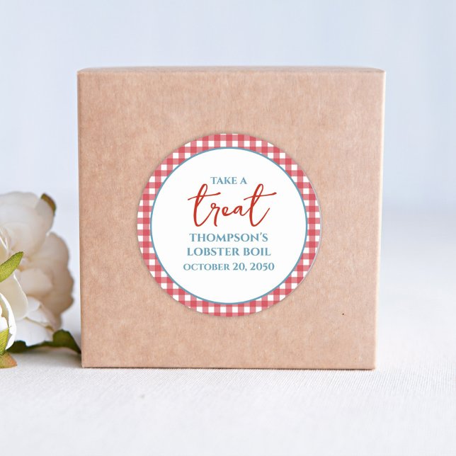 Simple Red Blue Whimsical Red Gingham Leckerei Runder Aufkleber (Von Creator hochgeladen)