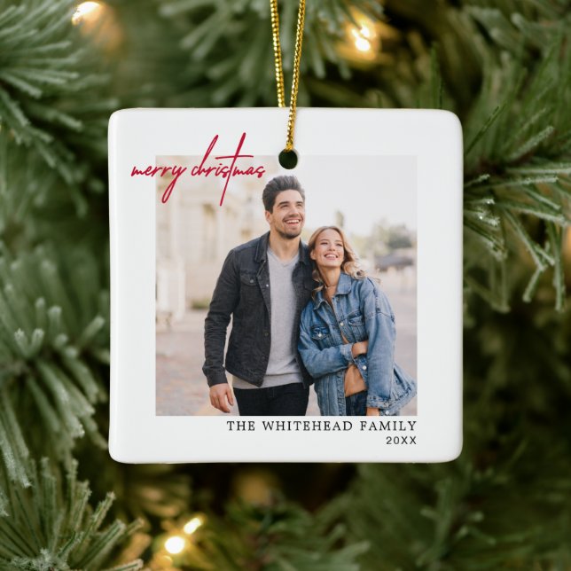Simple Red Merry Christmas Foto White Keramikornament (Baum)