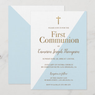 SImple Religious Gold Blue First Heilige Kommunion Einladung