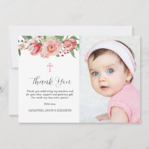 Simple Rose Floral Girls Baptême Carte de remercie