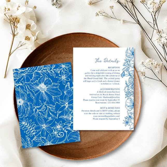 Simple Royal Blue Floral Garden Wedding Details Begleitkarte (Von Creator hochgeladen)