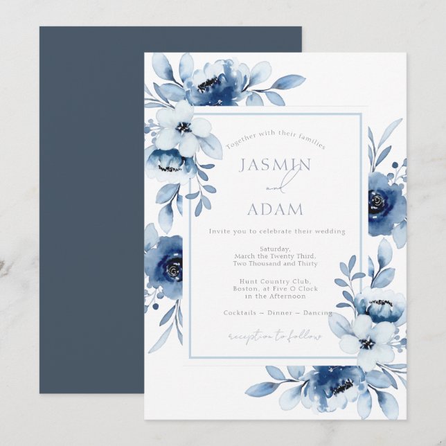 Simple Royal Blue Opulence Floral Wedding Einladung (Vorne/Hinten)