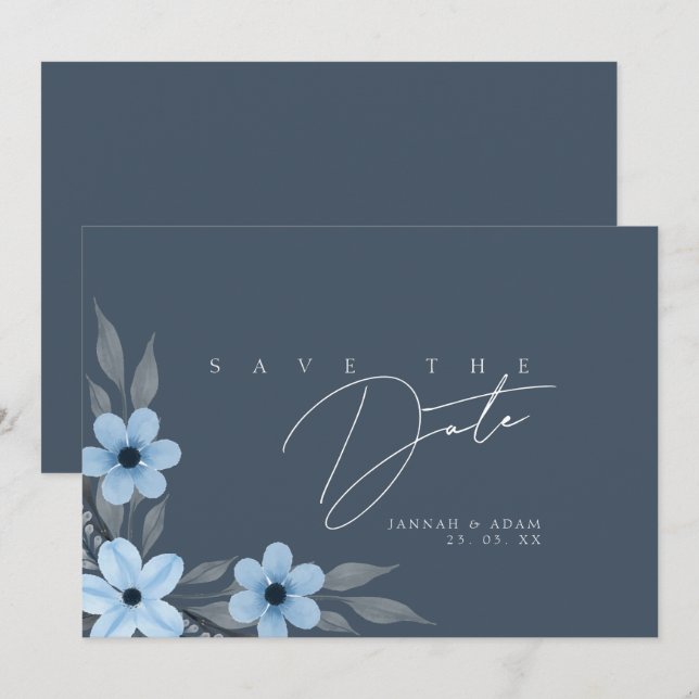 Simple Royal Blue Opulence Floral Wedding Save The Date (Vorne/Hinten)