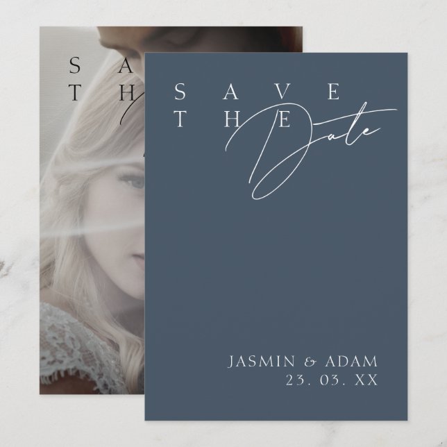 Simple Royal Blue Opulence Modernes Foto Hochzeit Save The Date (Vorne/Hinten)