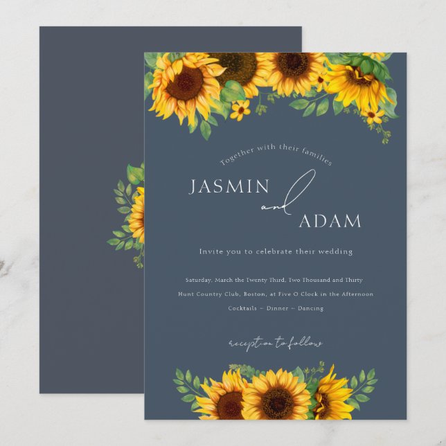 Simple Royal Blue Opulence Sonnenblumen Hochzeit Einladung (Vorne/Hinten)