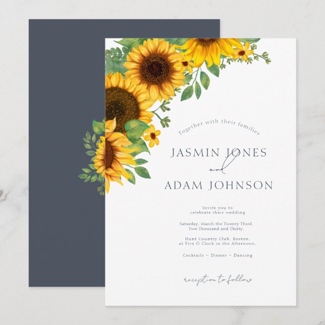 Simple Royal Blue Opulence Sunflowers Boho Wedding Einladung (Vorne/Hinten)