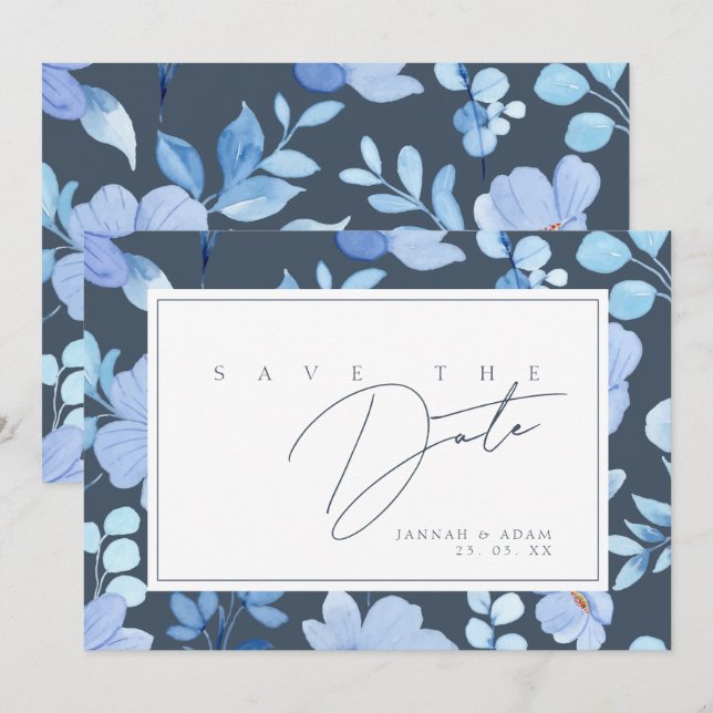 Simple Royal Blue Opulence Wildblumen Hochzeit Save The Date (Vorne/Hinten)