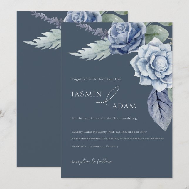 Simple Royal Blue Rose Floral Wedding Einladung (Vorne/Hinten)