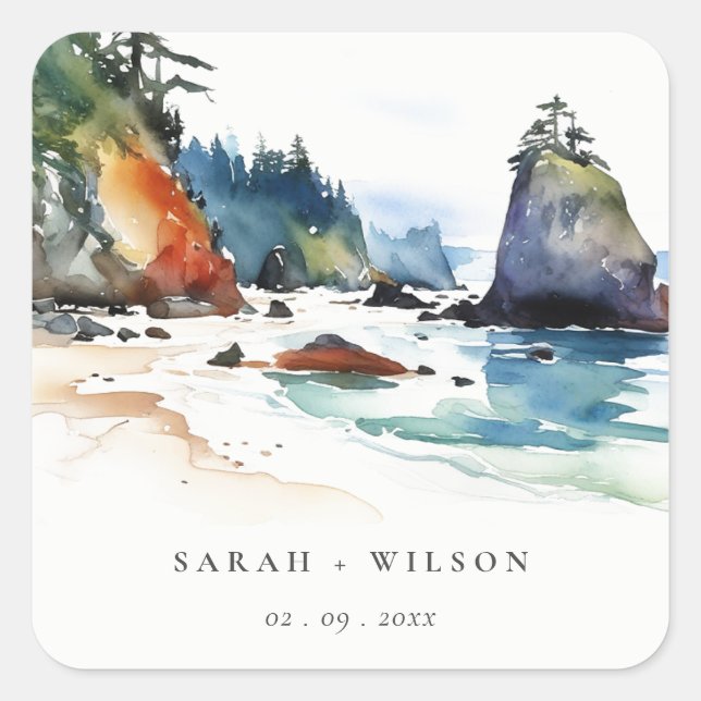 Simple Ruby Beach Olympia-Nationalpark Wedding Quadratischer Aufkleber (Vorderseite)