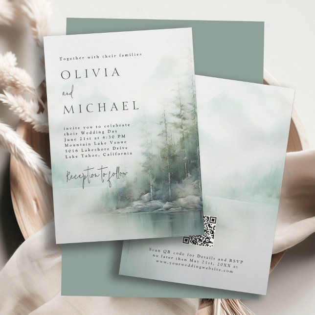 Simple Rustic Mountain Lake Misty Pines Wedding Einladung (Available in both printed and instant download digital formats.)