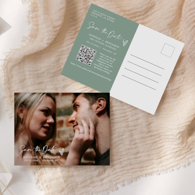 Simple Sage Green Boho Save the Date QR-Code-Foto Postkarte (Von Creator hochgeladen)