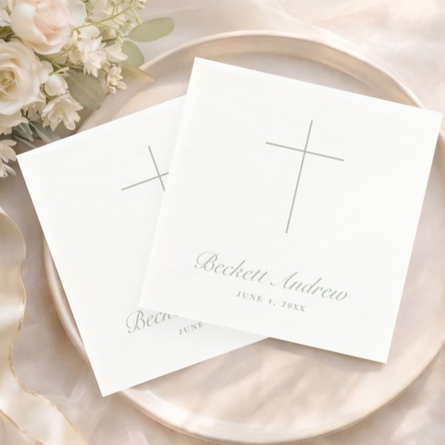 Simple Sage Green Cross Script Baptism Serviette (Simple Sage Green Cross Script Baptism, Christening or First Holy Communion Napkins.)