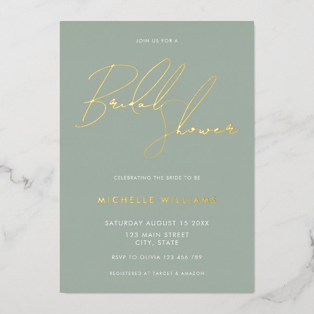 Simple Sage Green Elegante Script-Brautparty Folieneinladung (Vorderseite)