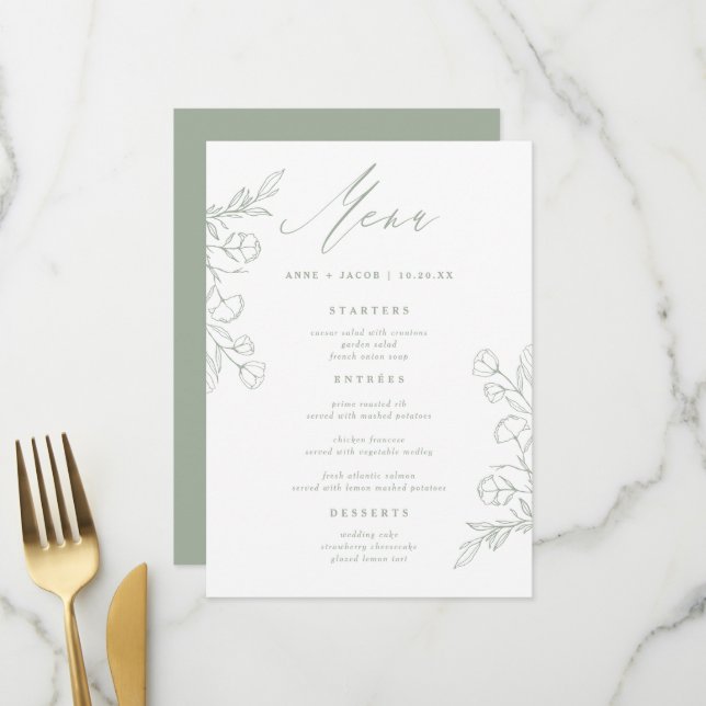 Simple Sage Green Greenery Boho Floral Wedding Menükarte (Vorderseite/Rückseite Beispiel)