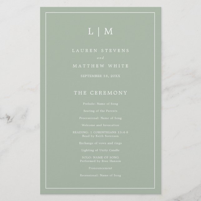 Simple Sage Green Monogram Elegant Wedding Program (Vorderseite)