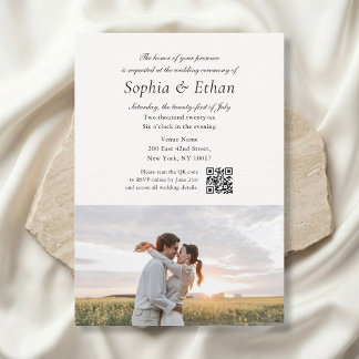 Simple Script 2 Photo QR Code Off White Wedding Einladung