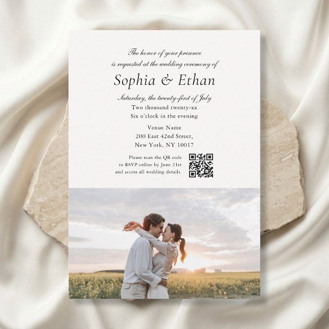 Simple Script 2 Photo QR Code Off White Wedding Einladung (Von Creator hochgeladen)