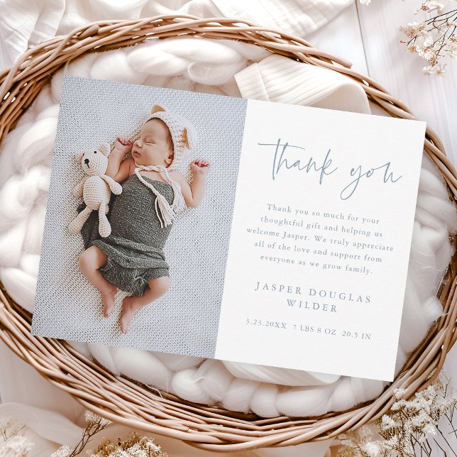 Simple Script Baby Photo Dankeskarte (Simple modern script dusty blue baby photo thank you cards.)