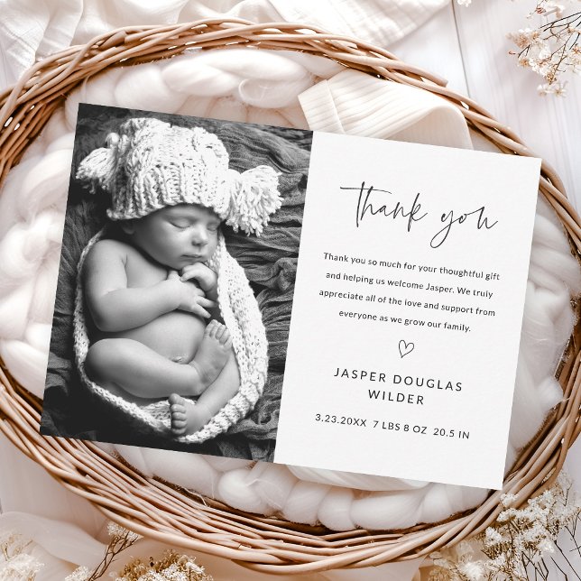 Simple Script Black and White Baby Photo Dankeskarte (Simple script black and white baby photo thank you card announcement.)