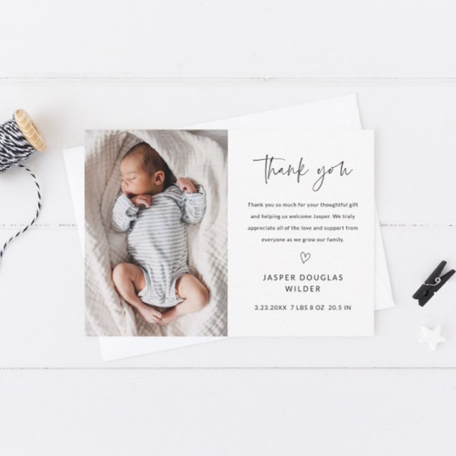 Simple Script Black and White Baby Photo Dankeskarte (Simple handwritten black and white baby photo thank you card.)