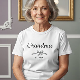 Simple Script Bow Grandma Est. Year White Text T-Shirt