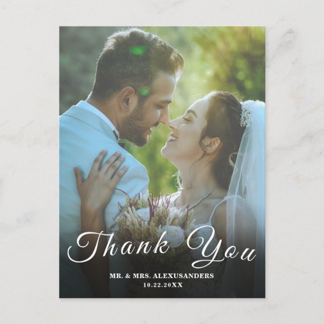 Simple Script Custom Foto White Wedding Danke U Postkarte (Vorderseite)