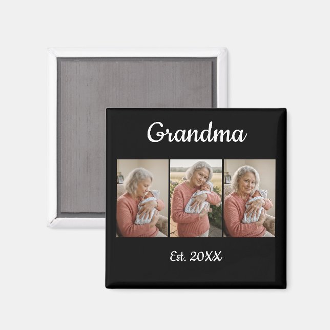 Simple Script Grandma Est. 3 Photo Year Magnet (Vorderseite/Rückseite)