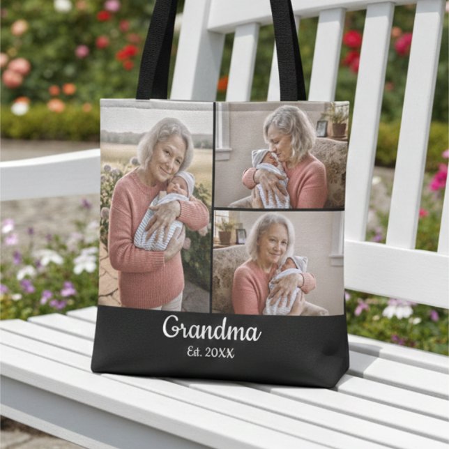 Simple Script Grandma Est. 3 Photo Year Tasche (Von Creator hochgeladen)