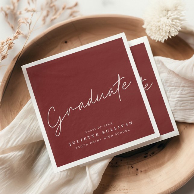 Simple Script Maroon Graduation Party Serviette (Simple graduate script maroon graduation party napkins.)