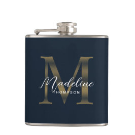 Simple Script Metallic Navy Blue Gold Monogram Flachmann