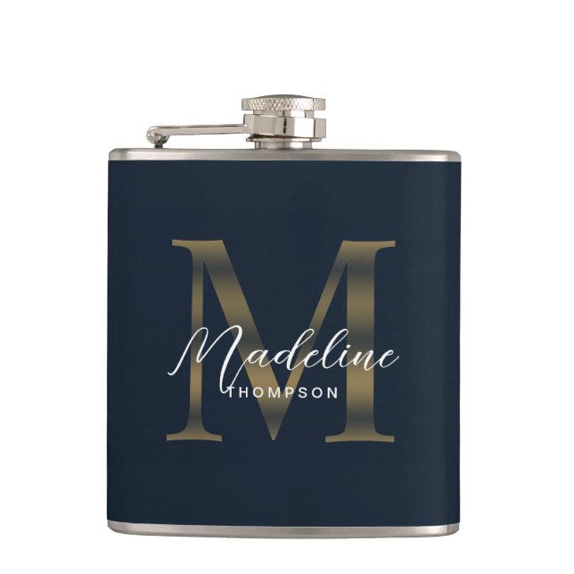 Simple Script Metallic Navy Blue Gold Monogram Flachmann (Vorderseite)