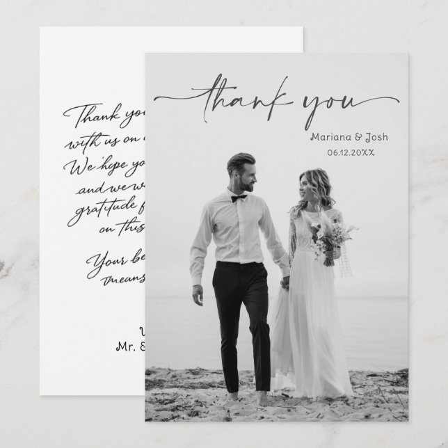 Simple Script Modern Wedding Photo Thank You Card Dankeskarte (Vorne/Hinten)