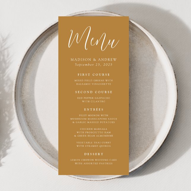 Simple Script Ochre Wedding Menükarte (Von Creator hochgeladen)