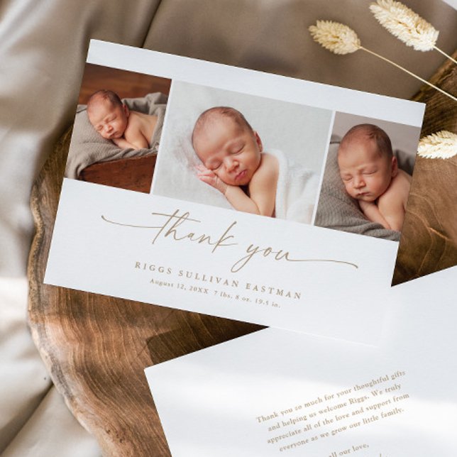 Simple Script Photo Collage Baby Dankeskarte (Elegant modern script 3 photo collage baby thank you announcement card.)