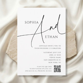 Simple Script Typography QR Code White Wedding Einladung