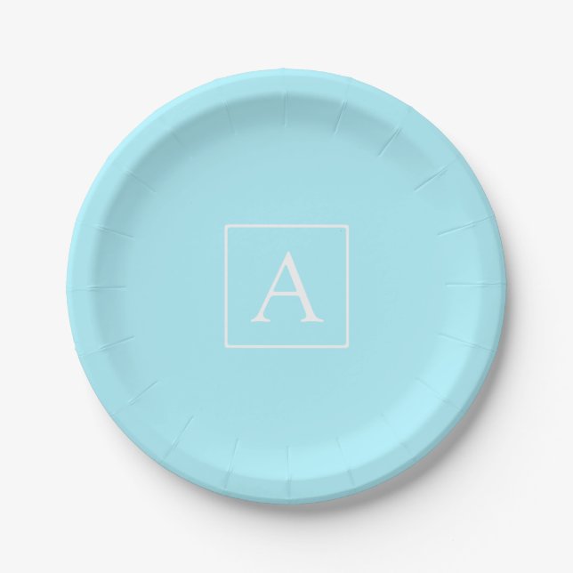 Simple Sky Blue Monogram Pappteller (Vorderseite)