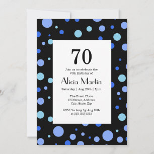 Simple Sky Blue Polka Dot Black 70. Geburtstag Einladung