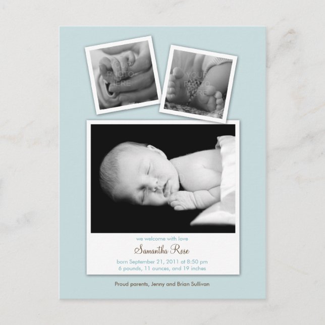 Simple Snapshots Baby Birth Announcement (Blau) Ankündigungspostkarte (Vorderseite)