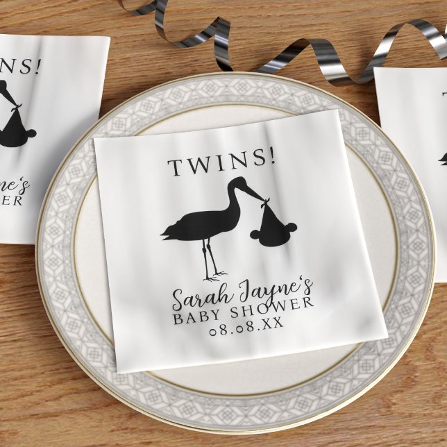 Simple Stork Twins Baby Dusche White Napkins Serviette (Twins! Choose the color of your baby shower napkins or keep the classic black stork with white.)