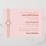 Simple Stripe Bat Mitzvah Star der David Rose Gold Folieneinladung<br><div class="desc">Die Goldfolie ist hier; Sie können aus Goldfolie,  Rose oder Silberfolie wählen. Die Hintergrundfarbe ist anpassbar. Fügen Sie auf Wunsch auch ein Foto zur Rückseite hinzu. Wenn Sie Text aus der Folienschicht entfernen möchten,  geben Sie den Editor ein und schneiden diese Ebenen auf die Vorderseite.</div>