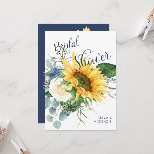 Simple Sunflower Bouquet Navy Brautparty Einladung (Vorderseite/Rückseite Beispiel)